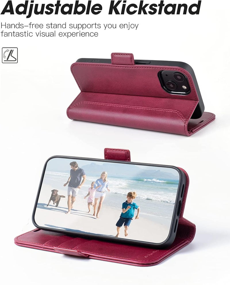 OCASE Retro Series Compatible with iPhone 13 Wallet Case with Card Holders [RFID Blocking][TPU Inner Shell ][Kickstand] PU Leather Flip Folio Shockproof Phone Cover 6.1 inch 2021 (Burgundy) - Image 4